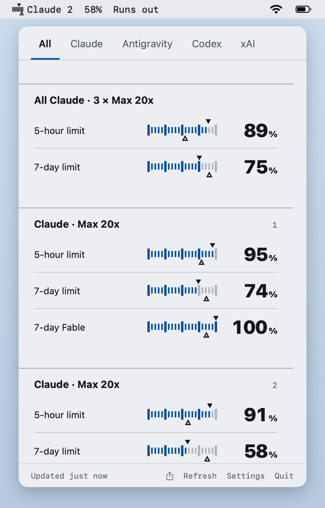 Mac menu bar label reading Claude 2, 58%, Runs out, with the panel below it listing the 5-hour, 7-day and Fable limits of Claude 1 and Claude 2, and tabs for Claude, Antigravity and Codex.